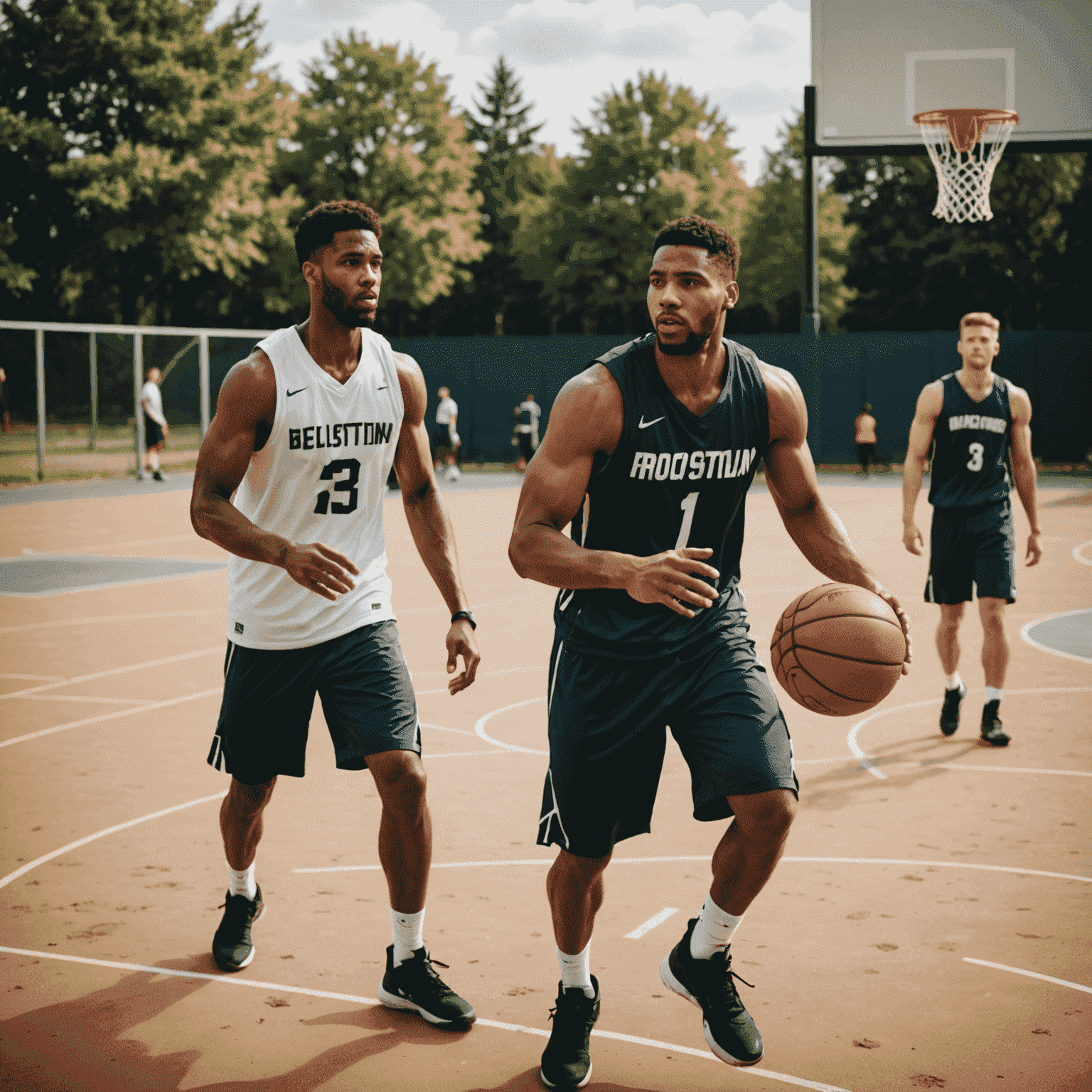 Bir basketbol sahası kenarında ağır kondisyon antrenmanı yapan basketbolcular. Arka planda bir antrenör onları izliyor ve talimatlar veriyor.