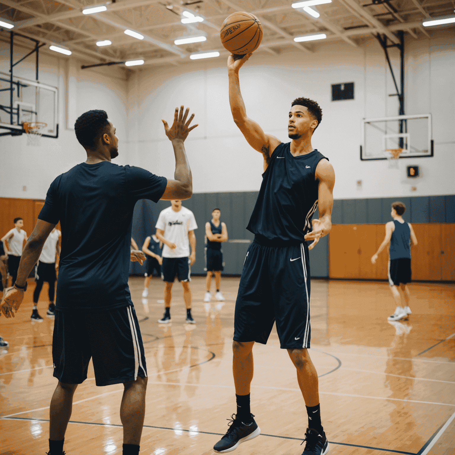 Bir basketbol antrenmanında, oyuncular sırayla sıçrama atışı egzersizi yapıyor. Arka planda bir antrenör oyunculara talimat veriyor.