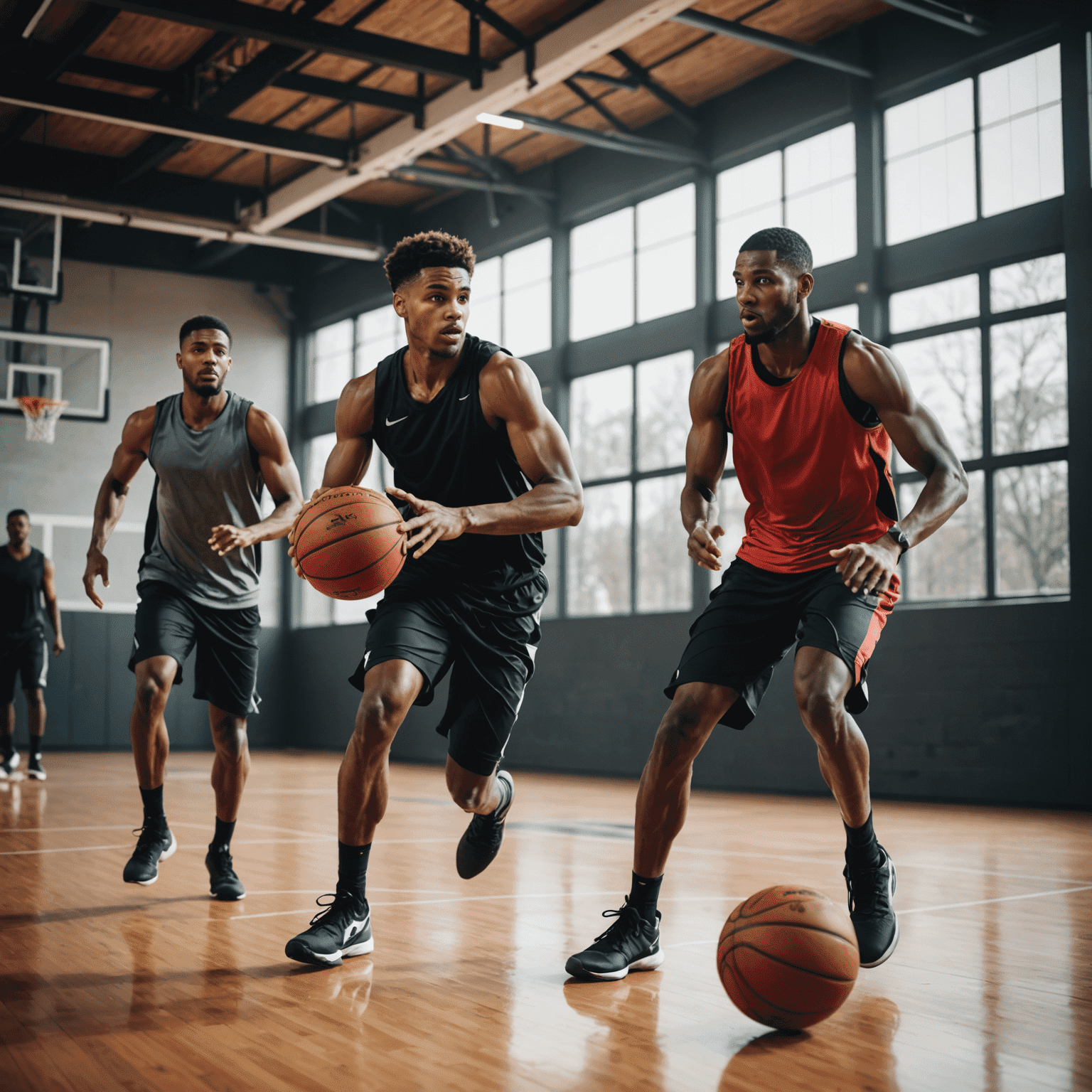 Basketbol oyuncuları yoğun bir antrenman seansında. Dayanıklılık ve çeviklik egzersizleri yapıyorlar.